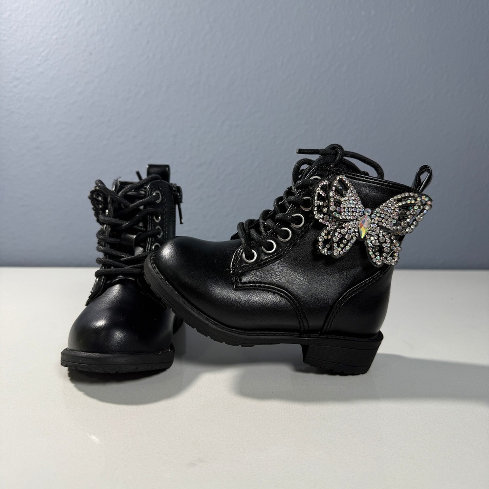 Mia Girl Lil MG Flyboot Black Rhinestone Butterfly Combat Boots Toddler 5M‎